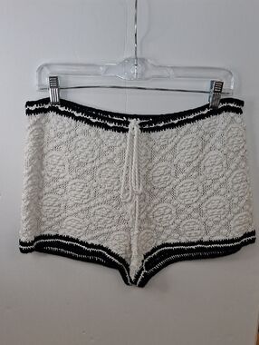 Tory Burch Crochet Knit Lounge Shorts Cream Black Trim Drawstring Size Small